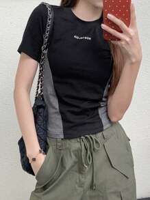 DAZY 對比字母圖案修身圓領短袖t恤 - 黑色 - 查看 5