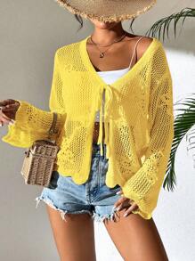 Breezaya Casual Solid Color Hollow Out Knit Tie Front Cardigan Fall Winter Cloth For Women - Yellow - View 6