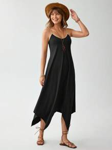 SHEIN LUNE 夏季黑色细肩带连衣裙，休闲乡村音乐节宽松不对称风格 - 黑色 - 查看 7