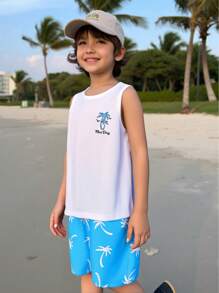 SHEIN Tween Boys' Palm Tree Print Tank Top And Shorts Set, School, Campus, College - Blue and White - View 1