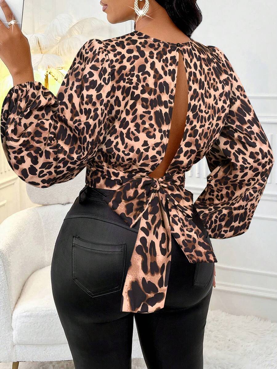 SOLERSUN 女士时尚灯笼袖豹纹系带衬衫，束腰衬衫，冬季服装，秋季，优雅，日常通勤，外出，休闲 - 棕色 - 查看 1