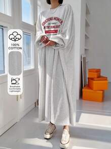 DAZY 宽松长袖字母印花连衣裙，女士休闲开叉长袖圆领修身短款灰色棉质落肩字母，标语 T 恤女式短裙，春/秋，休闲日常穿着 - 灰色 - 查看 1