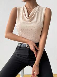 SHEIN Clasi Ladies' Solid Color Rhinestone Embellished Elegant Scoop Neck Tank Top