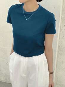 Dazy-Less Solid Crew Neck Crop Tee Old Money Style Summer Business Casual Woman Work Clothes - Teal Blue - View 2