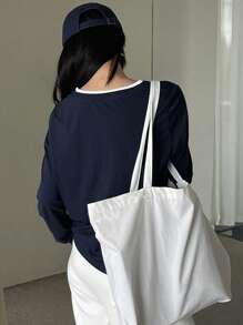 Dazy-Less Color-Blocked Long Sleeve T-Shirt With Letter Embroidery Old Money Style,Fall Clothes - Navy Blue - View 3