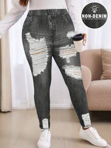 SHEIN LUNE Plus Size Simulated Denim Effect Skinny Leggings Fall Clothes Winter Clothes - Grey - View 3