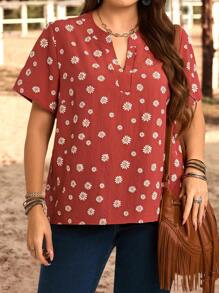 EMERY ROSE Blusa de cuello con muesca con estampado de margaritas de estilo campestre informal para vacaciones, tallas grandes, para uso en primavera y verano, para mujeres - Multicolor - Ver 4