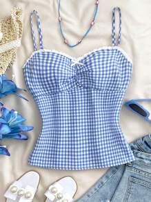 SHEIN Teen Girls' Blue & White Plaid Ruffle Bow Adjustable Strap Camisole Tops, Suitable For Summer, Sweet, Cute, School, Sports, Home,Comfortable - Blue and White - View 1