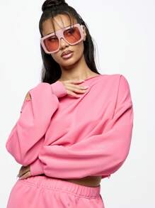 SUMWON WOMEN Off Shoulder Cropped Sweatshirt Oversized Loungewear Athleisure Casual Long Sleeve Top Fall Winter Fashion Streetwear Cozy Sporty Athletic Workout Apparel - Pink - View 6