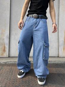 Manfinity EMRG Men's Letter & Tiger Pattern Cargo Pocket Denim Bib Overalls - Light Wash - View 6