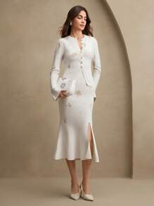Anewsta Áo len cardigan họa tiết hoa bóng thanh lịch dành cho nữ, phù hợp cho mùa xuân, váy dự tiệc cưới, váy tốt nghiệp, kín đáo - Màu be - Xem 3