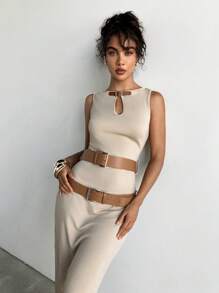 Aloruh Abito attillato monocolore da donna con doppia cintura in vita e fibbia, adatto per l'ufficio e il casual, colore cachi - Cachi - Visualizzare 4