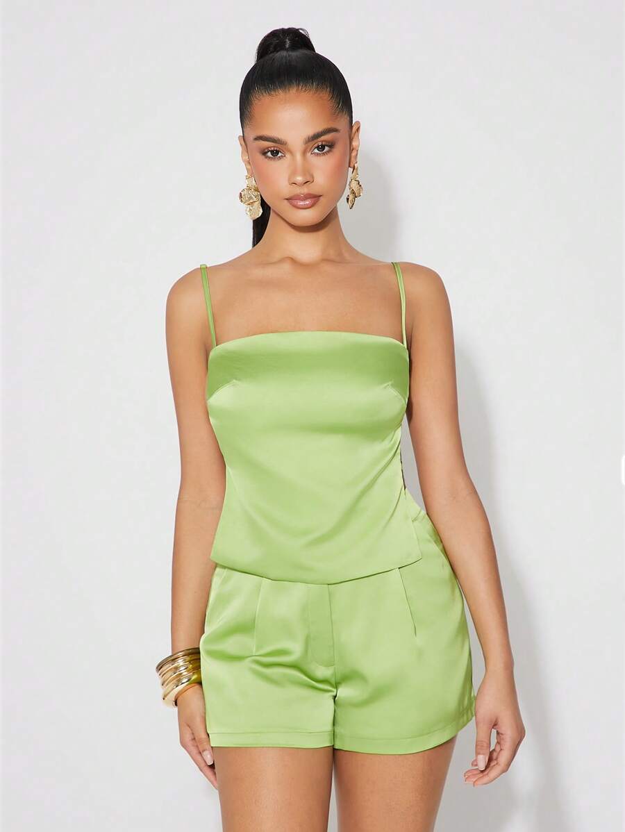 SHEIN Unity Short Mini Spring Satin Pleated Festival Summer Elegant Classy Brunch Vacation Bridal Dinner Prom Thanksgiving Christmas NYE New Years Eve Outfits For Women - Green - View 1