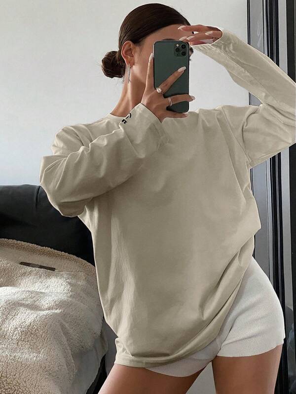 DAZY Letter Embroidered Loose Long Sleeve Round Neck Casual Top, Women Tee Shirt For Spring And Summer,Fall Clothes
