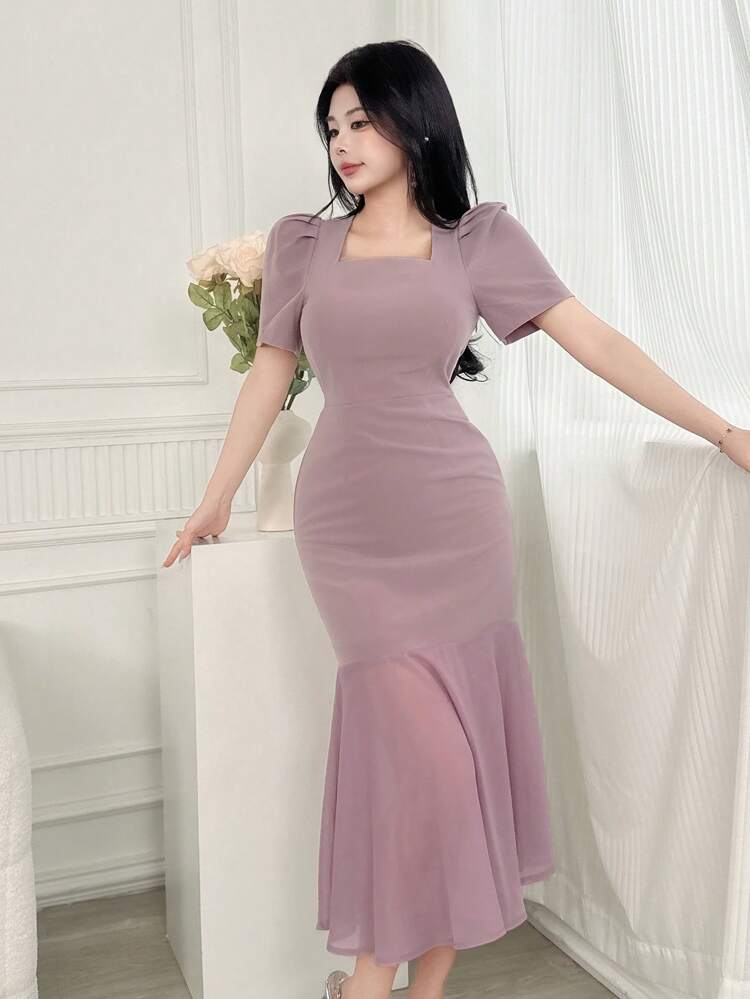 Women Square Neck Short Sleeve Fishtail Dress, Summer Elegant,Ruffle