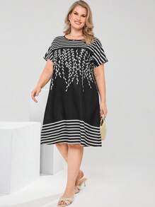 EMERY ROSE Vestido casual recto de mujer de talla grande con cuello redondo, manga corta y rayas con diseño floral, ropa elegante de mujer para usar en el verano, atuendos de vacaciones, ropa de verano, ropa modesta - Negro - Ver 5