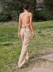 Maija 女式花卉刺绣低腰直筒牛仔裤 - 杏色 - 查看 5