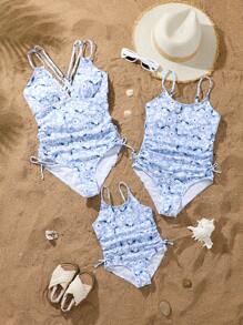 SHEIN Swim 1 szt. damski granatowy elegancki jednoczęściowy kostium kąpielowy z nadrukiem kwiatowym