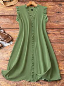 Linhara Plus Size Women Sleeveless Ruffle Trim V-Neck Casual Midi Dress With Pleated Details, Comfortable For Daily Commuting