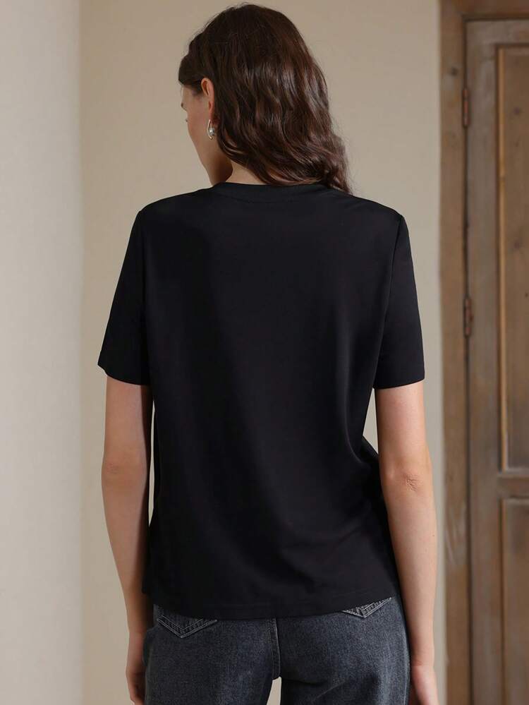 Women's Elegant Fitted Butterfly Rhinestone Letter Print Black T-Shirt Top, Casual Festival, Vacation, Spring, Summer
