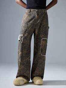 NEON BLANC Men's Street Fashion Loose Fit Long Brown Camouflage Woven Denim Pants - Brown - View 2