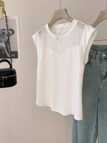 Franclia 女士法式性感时尚网眼拼接短袖T恤，夏季 - 白色 - 查看 3