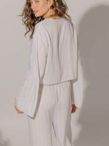 Aralina Striped Long Sleeve Vacation Tie Front Casual Cover Up Shirt - White - View 2