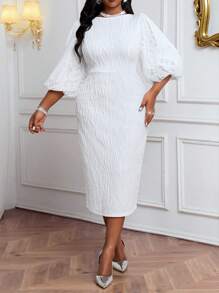 Fleurora 大码女式纯色圆领灯笼袖长款优雅连衣裙优雅秋冬优雅白色针织圆领飘逸长袖大码连衣裙化妆舞会礼服白色长袖连衣裙礼服情人节新年派对礼服 - 白色 - 查看 6