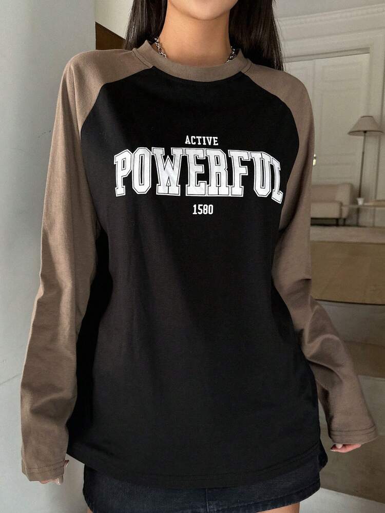 Letter Graphic Contrast Raglan Sleeve Tee Jersey,Fall Clothes Long Sleeve Women Tops