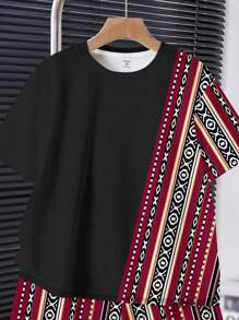 SHEIN 2pcs Tween Boys Casual Classic Retro Rhombus Pattern Patchwork Print Crew Neck Shirt And Shorts Set, Summer - Multicolor - View 3