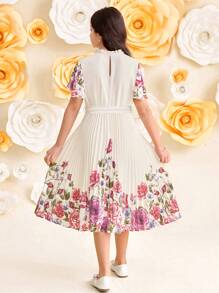 女童编织花卉印花褶饰盖袖褶饰连衣裙，公主裙，法式荷叶边连衣裙，适合毕业派对、生日、春季旅行、情人节、花童裙 - 彩色 - 查看 2