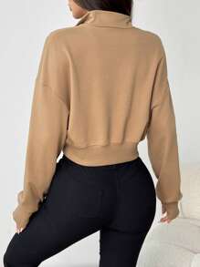 SHEIN EZwear Women's Solid Color Half Placket Drop Shoulder Long Sleeve Cropped Casual Hoodie - Mocha Brown - View 2