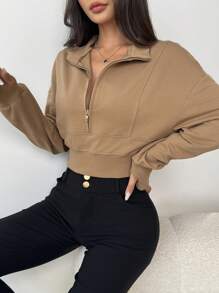 SHEIN EZwear Women's Solid Color Half Placket Drop Shoulder Long Sleeve Cropped Casual Hoodie - Mocha Brown - View 4