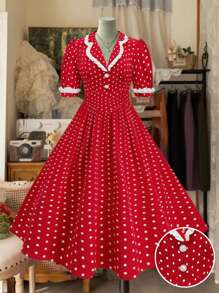 SHEIN MOOSTA Plus Size Romantic Polka Dot Color Blocking Frill Trim Princess Style Dress - Red - View 1