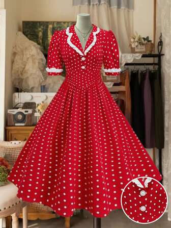 Sweetra Plus Size Romantic Polka Dot Color Blocking Ruffle Trim Princess Style Dress
