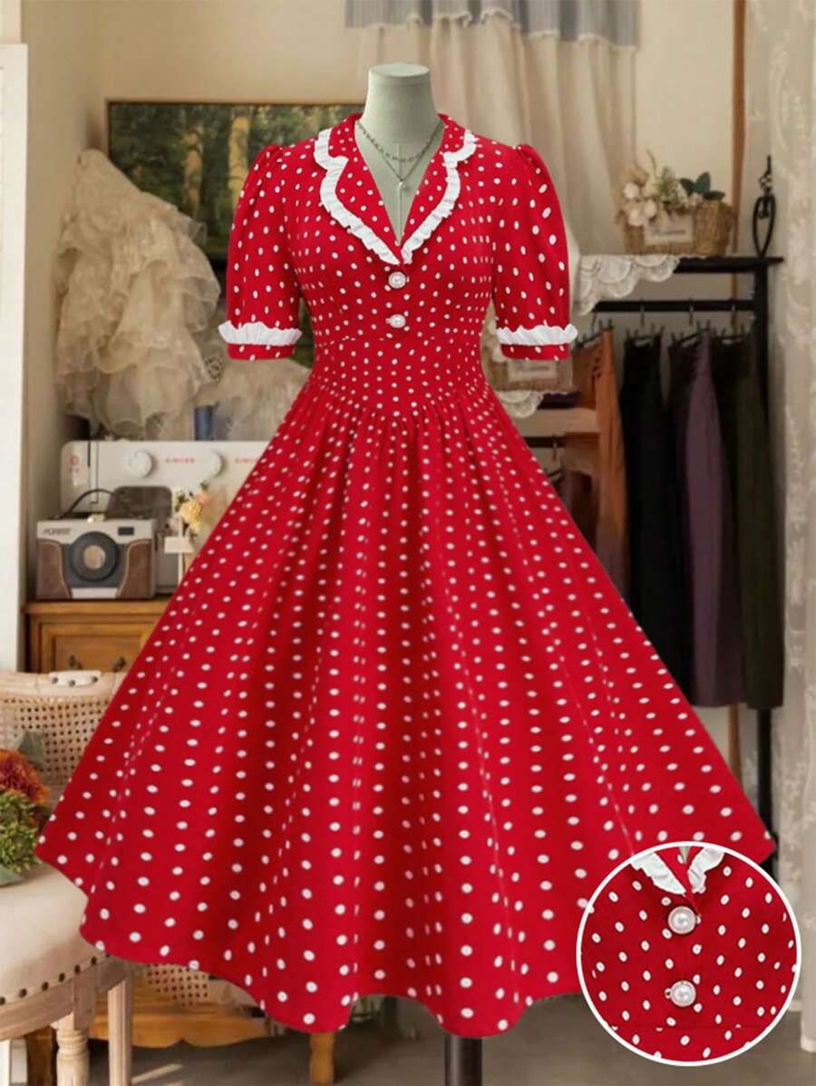 SHEIN MOOSTA Plus Size Romantic Polka Dot Color Blocking Frill Trim Princess Style Dress - Red - View 1