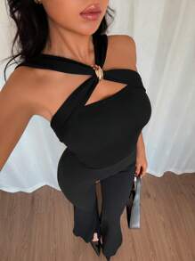 Islaluna 女士低胸金属扣装饰性感露背连体裤 - 黑色 - 查看 6