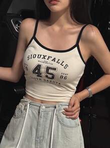 DAZY 女士修身短款细肩带背心，字母印花和色块设计，夏季短款女式上衣 - 杏色 - 查看 5