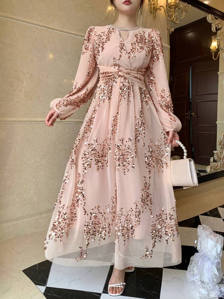 Women's Valentine's Day Sequin V-Neck Crinkle Summer Dress, New Autumn/Winter French Style Rhinestone Long Dress Floral Elegant,Fall Women Clothes Long Sleeve Dress Luxury Prom Dress Sparkly Dress Easter