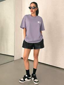 DAZY Slogan Graphic Drop Vai Tee CHERISH HIỆU QUẢ THỜI GIAN GIẤC MƠ - Màu Lilac Tím - Xem 3