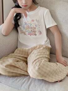 DAZY 2 件套 Tween Girl 女童花卉印花圆领短袖上衣和下装套装，适合春夏秋冬 - 棕色 - 查看 7