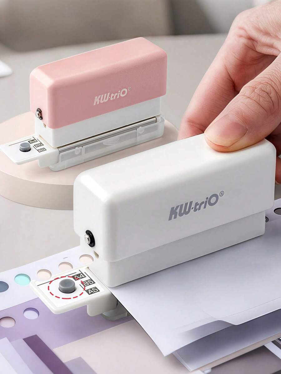 1 pieza Perforadora portátil multiusos con 6 perforaciones, diseñada con contenedor de residuos y regla, máquina para perforar papel - Blanco - Ver 1