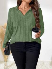 SHEIN LUNE Plus Size Women Solid Color Polo Collar Long Sleeve Ribbed Casual T-Shirt