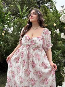 Flirla Plus Size Women Summer Floral Print Front Drawstring Short Sleeve Elegant Dress For Spring - Multicolor - View 3