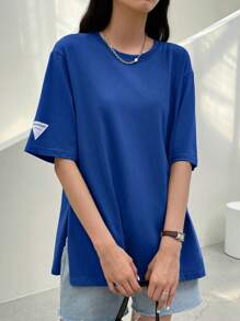 Dazy-Less 字母补丁细节开衩下摆落肩T恤复古风格商务休闲女士工作服