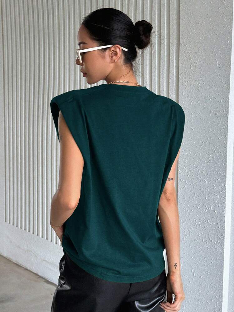 Solid Color Round Neck Sleeveless Padded Shoulder Women's T-Shirt Y2k Summer Preppy Tops