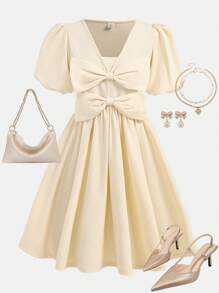 Girlism 少女可爱蝴蝶结泡泡袖 A 字形连衣裙 - 杏色 - 查看 1