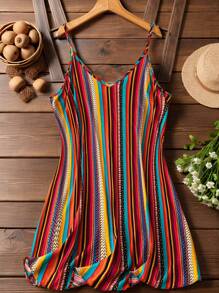 SHEIN LUNE Vestido casual de verano con cuello de pico en V y tirantes para mujer talla grande con rayas arcoíris