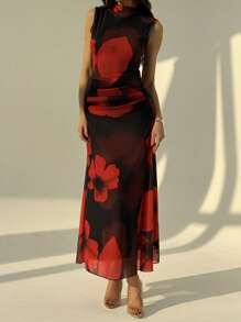 Aloruh 全新复古浪漫红色花卉印花网眼弹力修身 A 字长款度假/约会连衣裙 - 黑色 - 查看 3