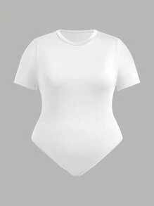 Solflare Plus Size Basic Round Neck Short Sleeve Bodysuit - Multicolor - View 7